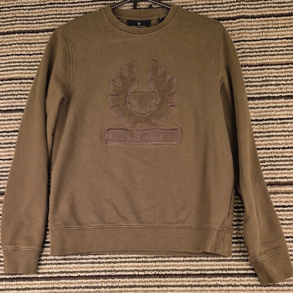 BELSTAFF Olive Green Brown Front Logo Textured Cotton Sz S‎ Crewneck Sweater
